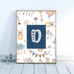 Lettre de l'alphabet pour enfants, décoration imprimée pour chambre de bébé, thème bleu, chambre de bébé, affiche de classe de maternelle, école de jeu, impression d'ABC, art pour tout-petits