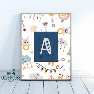 Impresión del alfabeto para niños, decoración de guardería, tema azul, habitación de bebé niño, póster para aula de jardín de infantes, juego escolar, letra mayúscula A, impresión del alfabeto, arte para niños pequeños