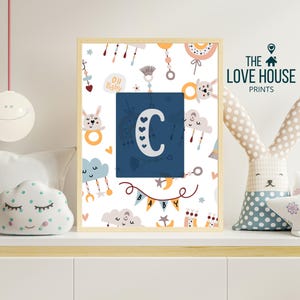Décoration impression alphabet lettre C pour chambre d'enfant, thème bleu, chambre de bébé garçon, affiche de la maison de la maternelle, carte ABC, école pour enfant, oeuvre d'art pour tout-petit