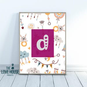 Arte de pared con alfabeto infantil, tema rosa, decoración para habitación de niña, letra D pequeña, arte inicial, ABC, impresión para niños en edad preescolar