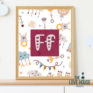 Decoración de guardería con alfabeto, letra F, para habitación de bebé, niño y niña, género neutro, guardería, jardín de infancia, aula, preescolar, arte para niños pequeños