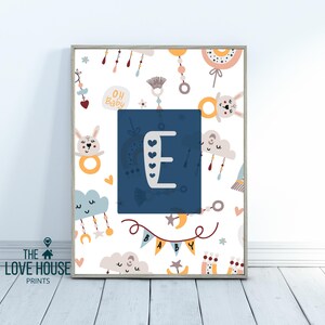 Póster del alfabeto ABC para guardería, decoración para niños, temática azul, habitación de bebé, jardín de infantes, preescolar, hogar, escuela, arte bonito, letra E