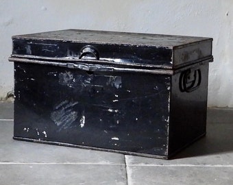 Antique black metal travelling trunk, document storage box, with handles, vintage,