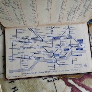 1949 Tagebuch, Karte von England, Londoner U-Bahn Karte, soziales Dokument, Ephemera, Geburtstagsgeschenk