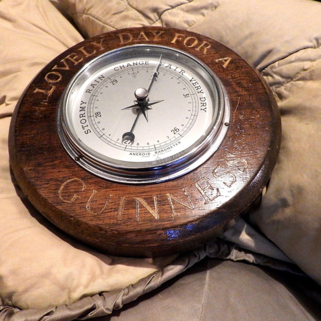 Guinness Barometer, Round 1950s Oak , Irish Pub Memorabilia, Man Cave