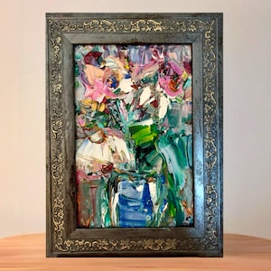 Pintura a óleo floral em miniatura em moldura vintage. Arte original em empastamento texturizado. Presente floral romântico e simbólico único para quem você ama.