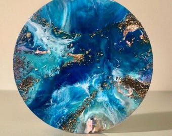 Blue Ocean Resin Art: Round Seascape Painting, Modern Home Decor