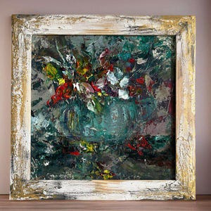 Pintura a óleo floral abstrata original. Miniatura de arte de parede com textura impasto. Decoração vibrante feita à mão. Presente romântico e único para ela.