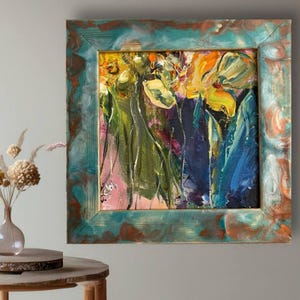 Pintura al óleo de tulipán empastado, arte floral de pared con textura vibrante, ramo moderno de primavera hecho a mano, miniatura de flores de bodegón