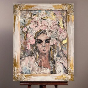 Pintura empasto original de novia, arte acrílico texturizado ucraniano, regalo de arte de pared con corona floral, regalo de decoración inusual de boda hecho a mano único.