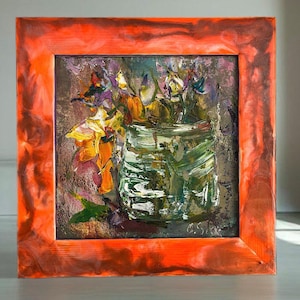 Pintura al óleo de tulipán naranja texturizado. Arte vibrante de diseño en impasto. Decoración floral única para pared con marco de resina epoxi. Ramo moderno para regalar.