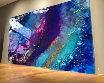 Epoxy Resin Geode Painting: Purple Magenta Gold Leaf Abstract Art
