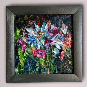 Pintura a óleo floral em miniatura original em impasto. Arte de parede moderna texturizada feita à mão. Decoração vibrante e romântica e rústica. Ideia única para presente.