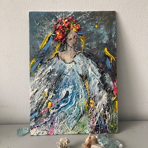 Niña ucraniana con corona étnica nacional. Arte popular contemporáneo original de un artista ucraniano. Imagen brillante. Decoración para el hogar. Regalo original.