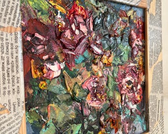 Original Impasto Painting: Textured Floral Art, Handmade Wood Frame with Newsaper