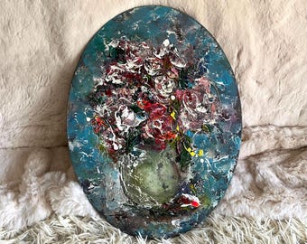 Original Oil Painting on Oval Canvas: Textured Floral Still Life