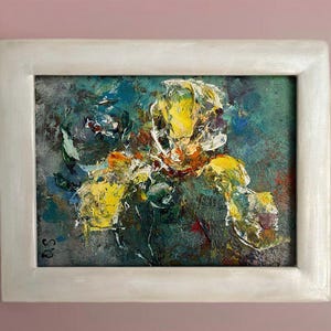 Pintura al óleo floral original de lirios amarillos con empasto, arte mural moderno texturizado, decoración luminosa para habitación, regalo único de inauguración de la casa hecho a mano para mujer.