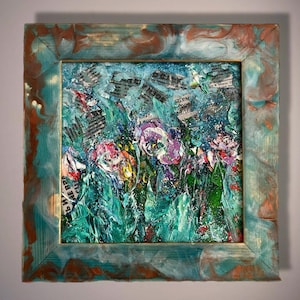 Pintura al óleo original con textura floral empastada y marco de resina hecho a mano. Vibrante cuadro de diseño. Bodegón en miniatura. Arte mural moderno.