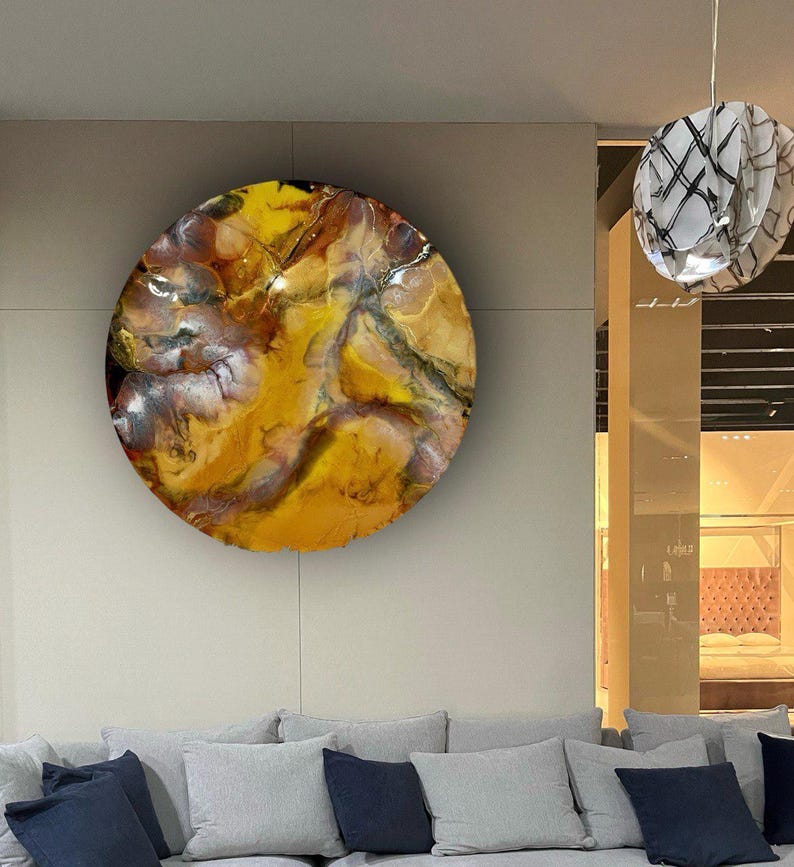 Fiery Orange Lava Resin Wall Art: Round Abstract Epoxy with Crystals image 20