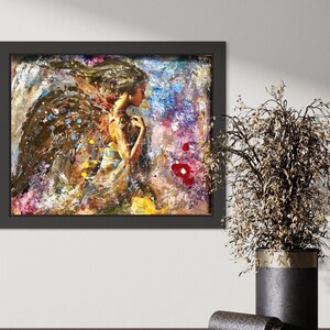 May include: Abstract painting of a woman with wings, with splashes of color in shades of blue, yellow, pink, and brown.