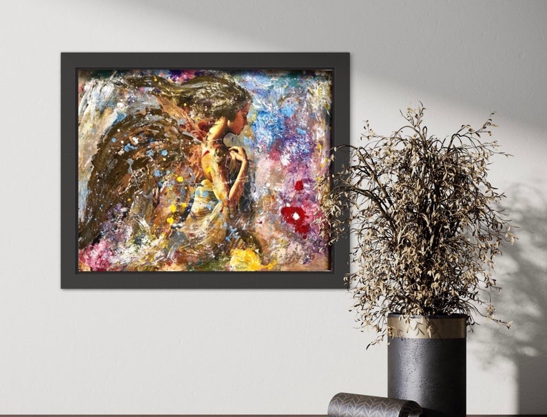 May include: Abstract painting of a woman with wings, with splashes of color in shades of blue, yellow, pink, and brown.