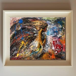 May include: Abstract painting of a woman with wings, with a colorful background of blue, red, yellow, and white.