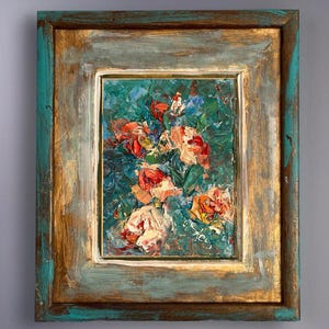 Pintura al óleo floral texturizada original, arte empastado con marco de diseño, arte mural turquesa, ramo cian de rosas coral, regalo inusual para ella