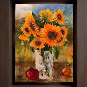 Pintura original de girasol, arte floral con textura de empasto, naturaleza muerta acrílica con espátula brillante y vibrante, regalo de decoración rústica inusual para el hogar.