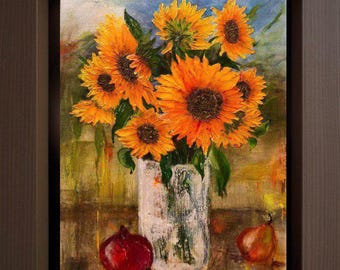 Original Sunflower Painting: Impasto Acrylic Floral Still Life