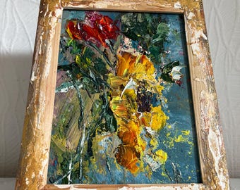 Original Floral Impasto Painting:  Textured Wall  Art in  Handmade Frame