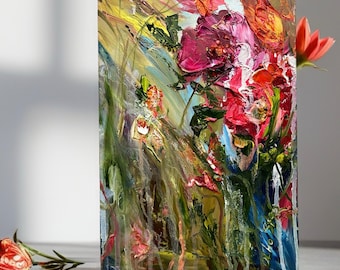 Original Vibrant Textured Floral Oil Painting: Impasto Palette Knife Art