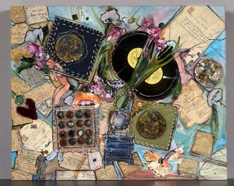 Vintage Mixed Media Collage Art: Nostalgic Floral Epoxy Resin Canvas