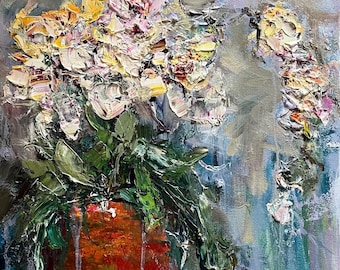 Textured Impasto Orchid Oil Painting: Modern Floral Canvas Art