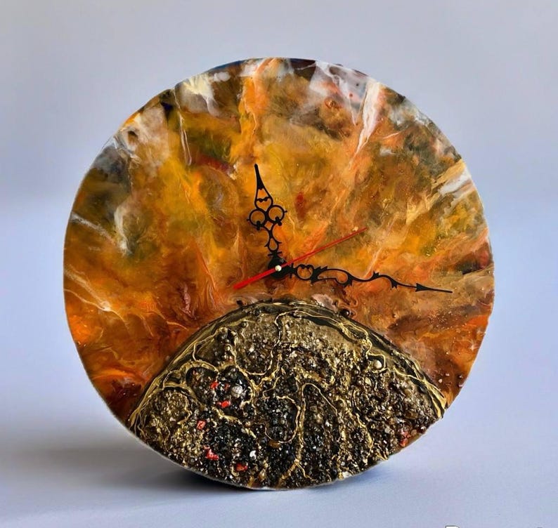 Fiery Orange Lava Resin Wall Art: Round Abstract Epoxy with Crystals image 11