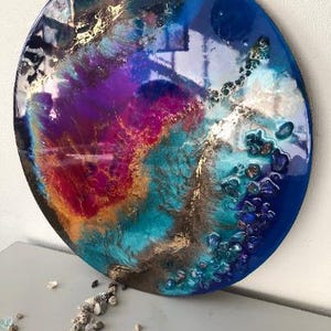 Fiery Orange Lava Resin Wall Art: Round Abstract Epoxy with Crystals image 15