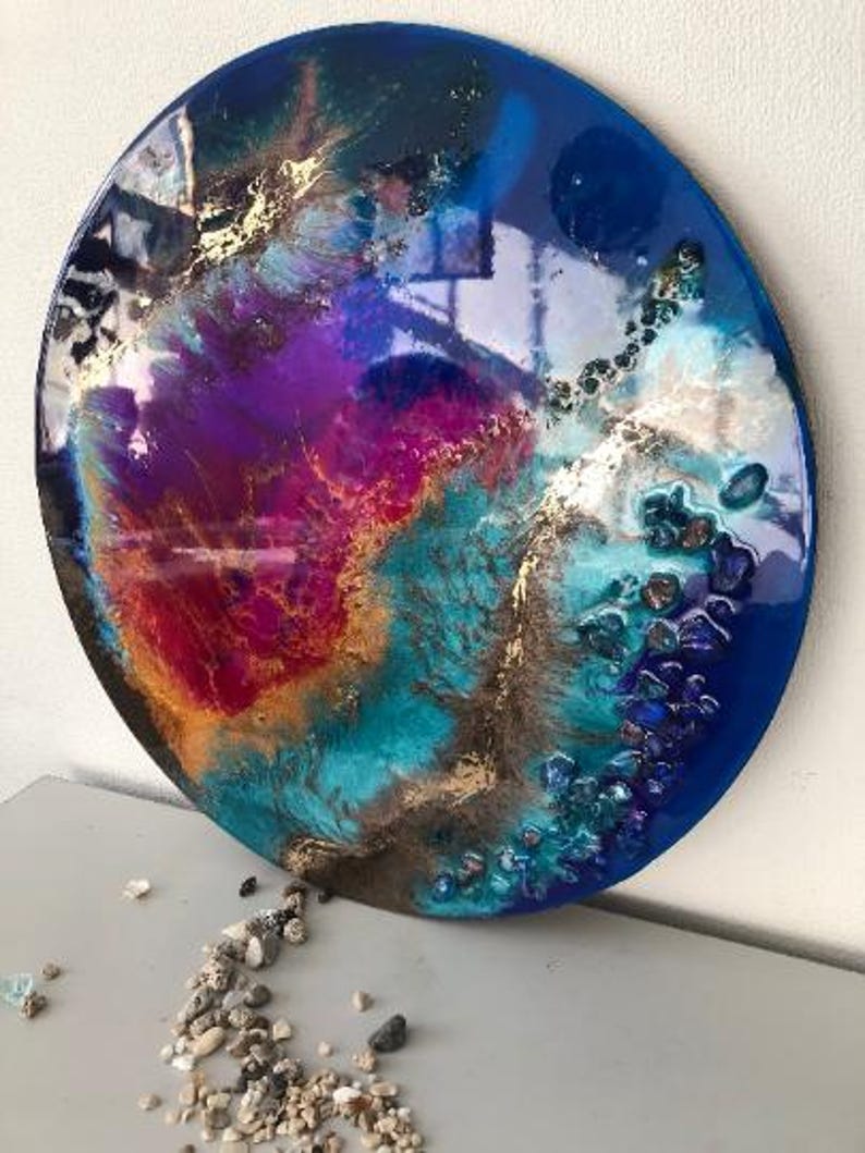 Fiery Orange Lava Resin Wall Art: Round Abstract Epoxy with Crystals image 15