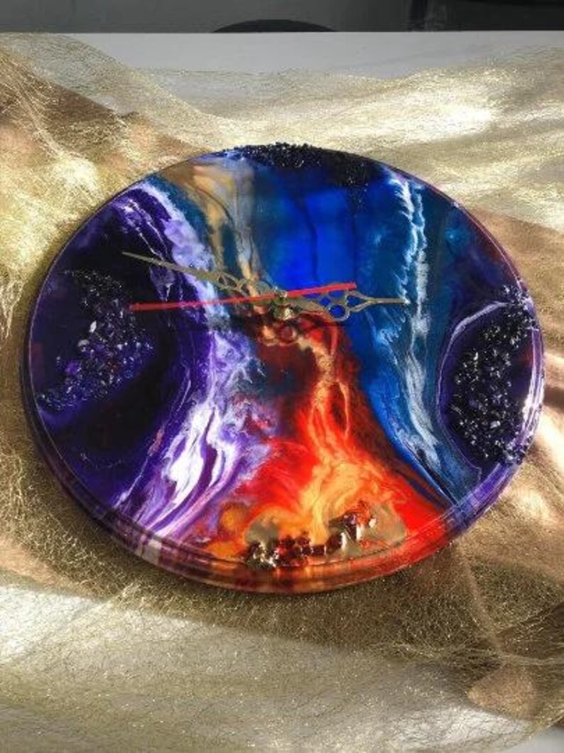 Fiery Orange Lava Resin Wall Art: Round Abstract Epoxy with Crystals image 14