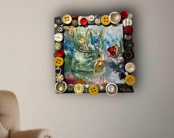 Bright Original Still Life with Handmade Button Frame. Floral Oil Painting