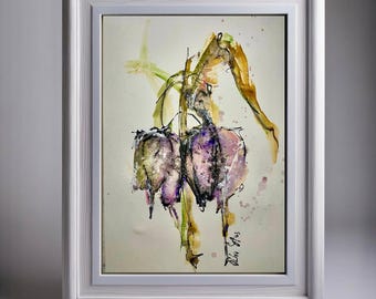 Physalis Original Botanical Watercolor Painting – Abstract  Floral  Wall Art. Unusual Gift
