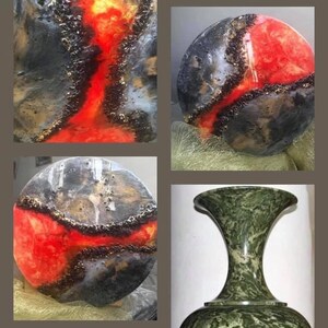 May include: Two round resin art pieces with black, white, and red abstract designs. The resin is clear and has a glossy finish. The pieces are set on a white background. A green marble vase with a flared top is also shown.