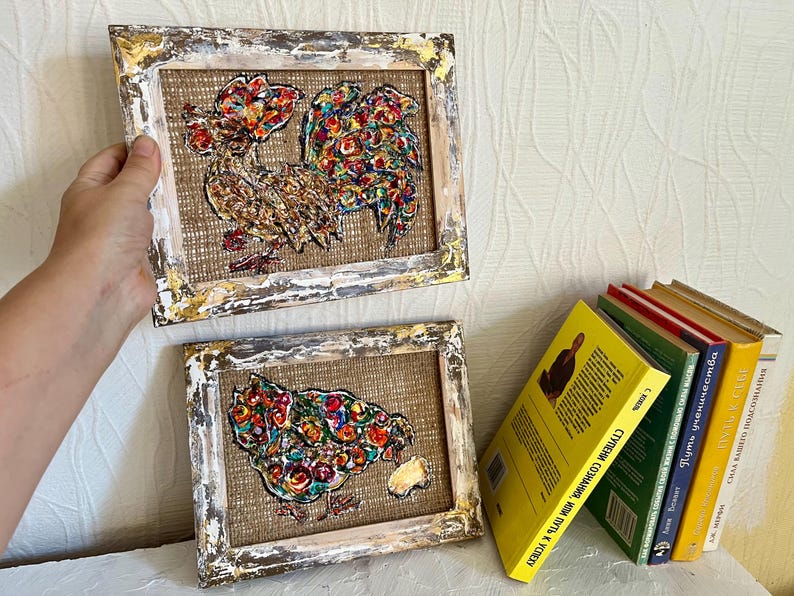 Original Folk Art in Frame, 3D Miniature on Burlap, Wall Decor for