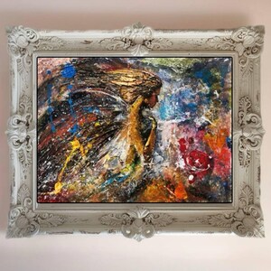 May include: A framed abstract painting of a woman with wings, with a colorful background of blue, yellow, red, and white paint splatters.
