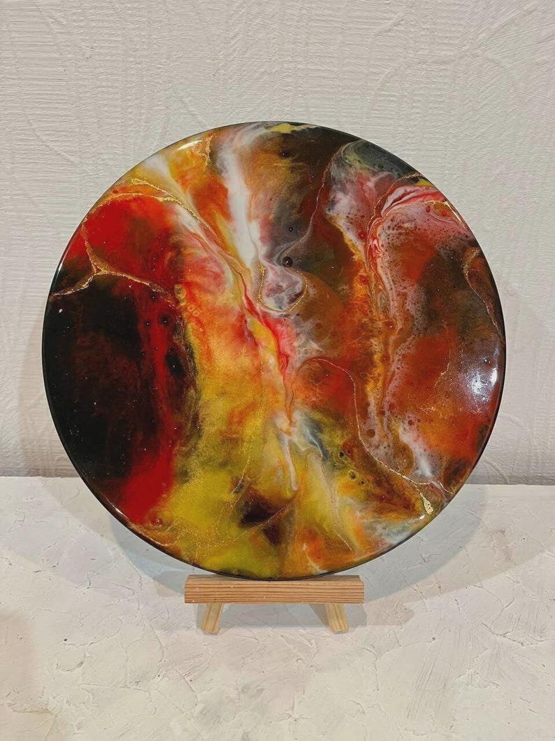 Fiery Orange Lava Resin Wall Art: Round Abstract Epoxy with Crystals image 12