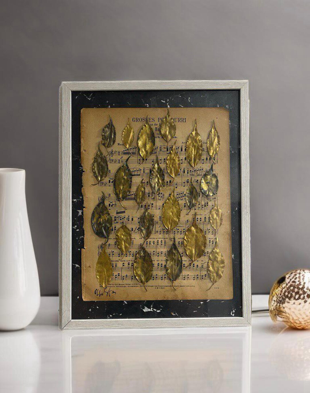 Golden Leaf Art: Vintage Sheet Music Artwork, Framed Botanical Wall ...