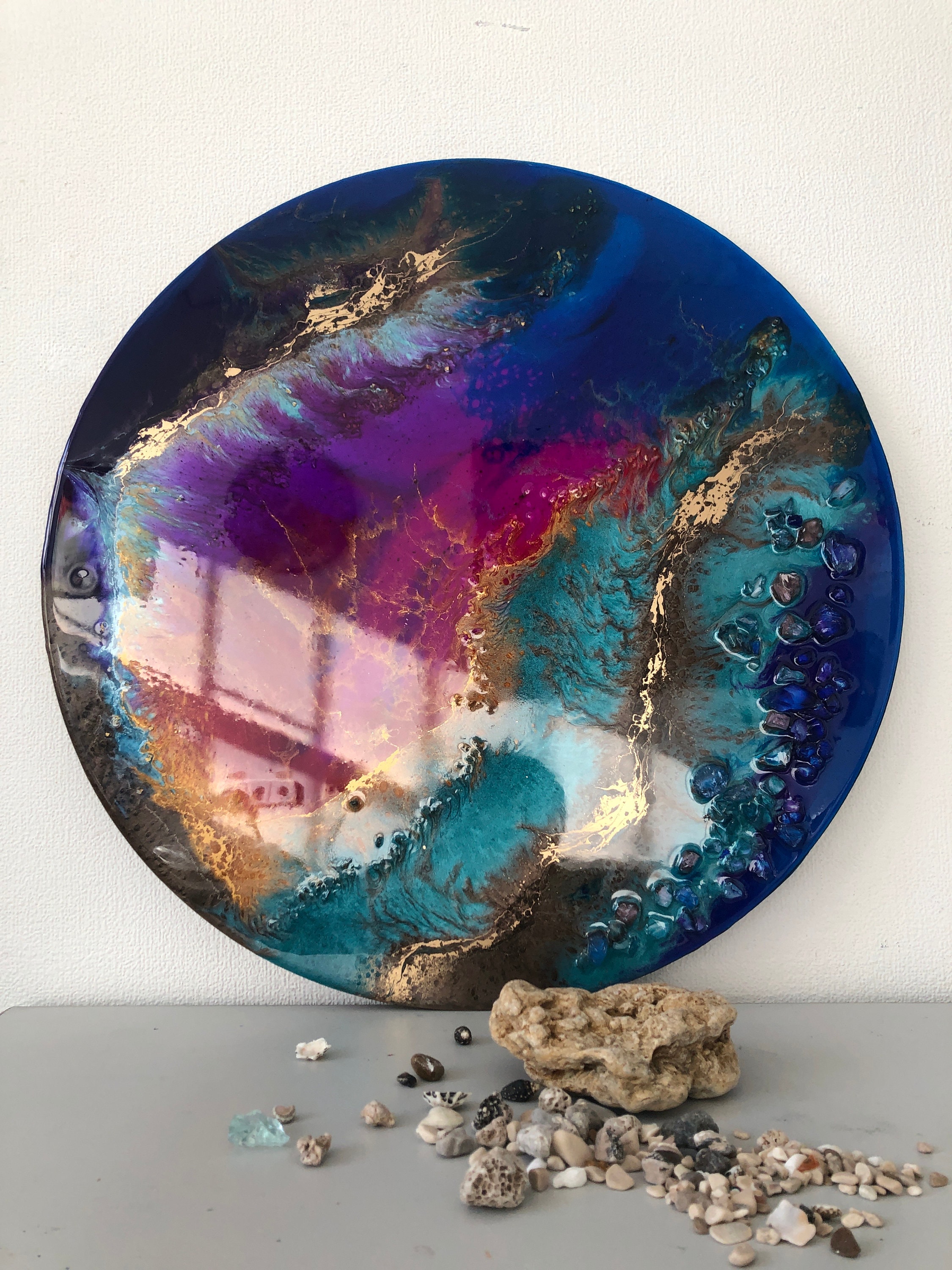 Round Epoxy Resin Art Work, Geode Original Hinged Painting