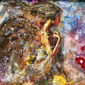 May include: Abstract painting of a woman with wings, with a colorful background of splattered paint. The woman is wearing a white dress and has long brown hair.