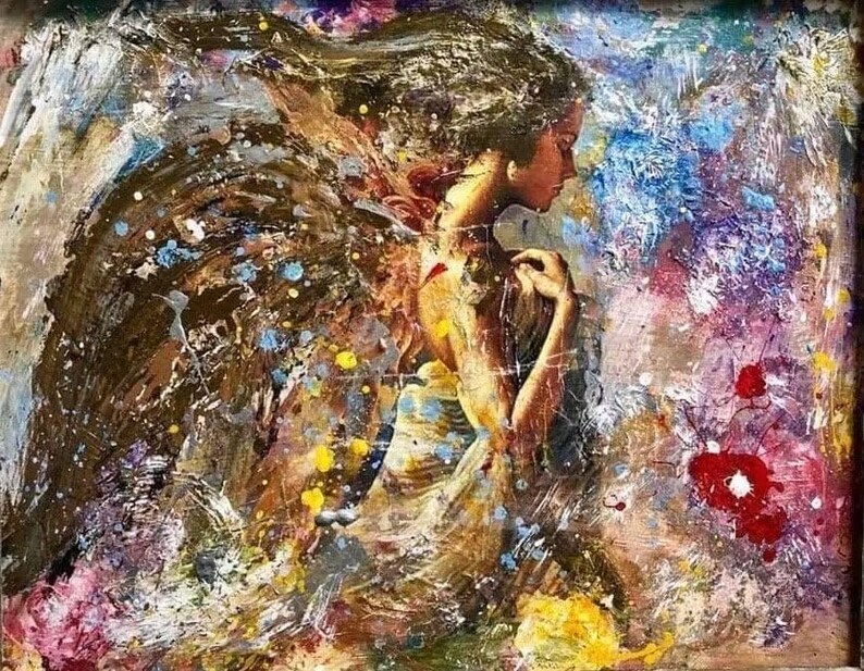 May include: Abstract painting of a woman with wings, with a colorful background of splattered paint. The woman is wearing a white dress and has long brown hair.