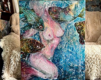 Original Mermaid Painting: Impasto Nude Female Art. Erotic artwork