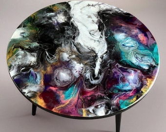 Ronde salontafel epoxyhars: meubilair van abstracte kunst met goud en zilver