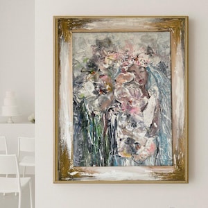 Pintura romântica de noiva, presente de casamento exclusivo feito à mão, arte de parede com estampa floral, acrílico texturizado original para recém-casados. Presente de decoração inusitado.